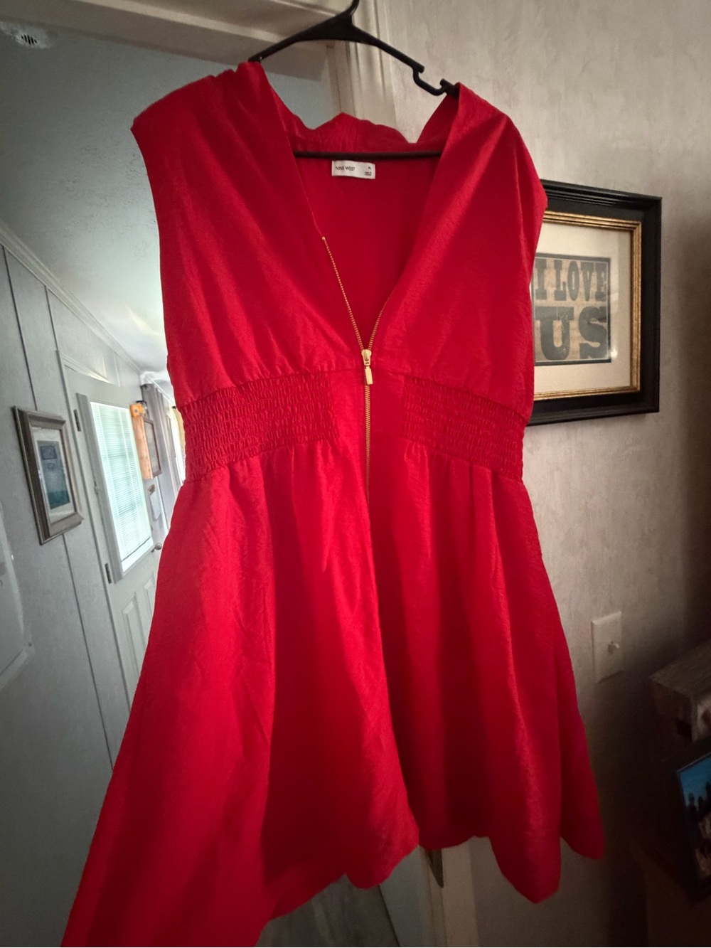Nine West Bright Red V-Neck Mini Dress with Gold Zip Detail